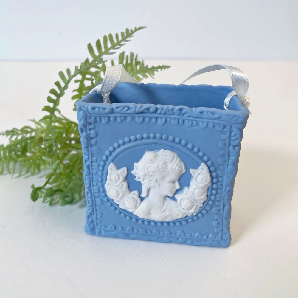 Blue Jasperware White Cameo Vase with Ribbon Handle Ornate Victorian Decor